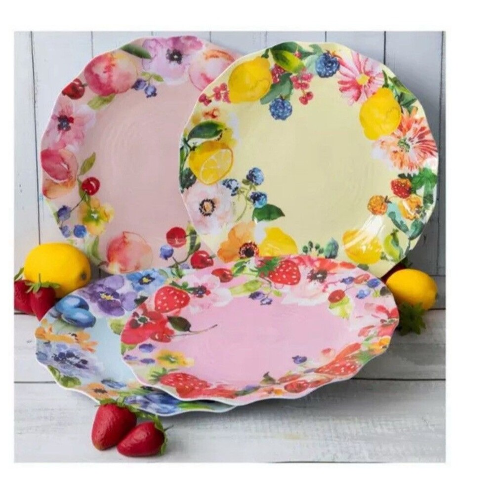 New Set 4 Melamine Dessert Plates 10” Easy Clean Design Fruit & Flower